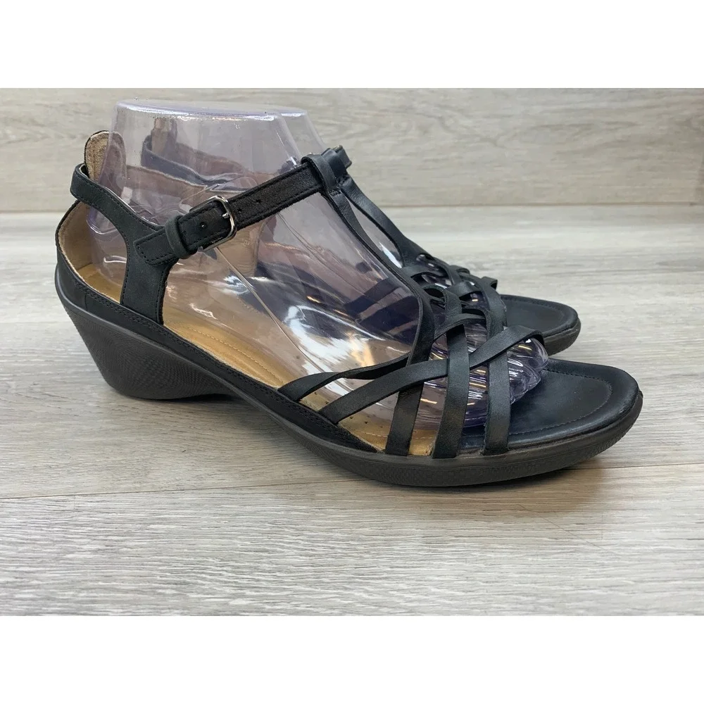 ECCO Women's Black Leather Strappy Wedge Sandals 9 T-Strap Buckle Comfort Shoes